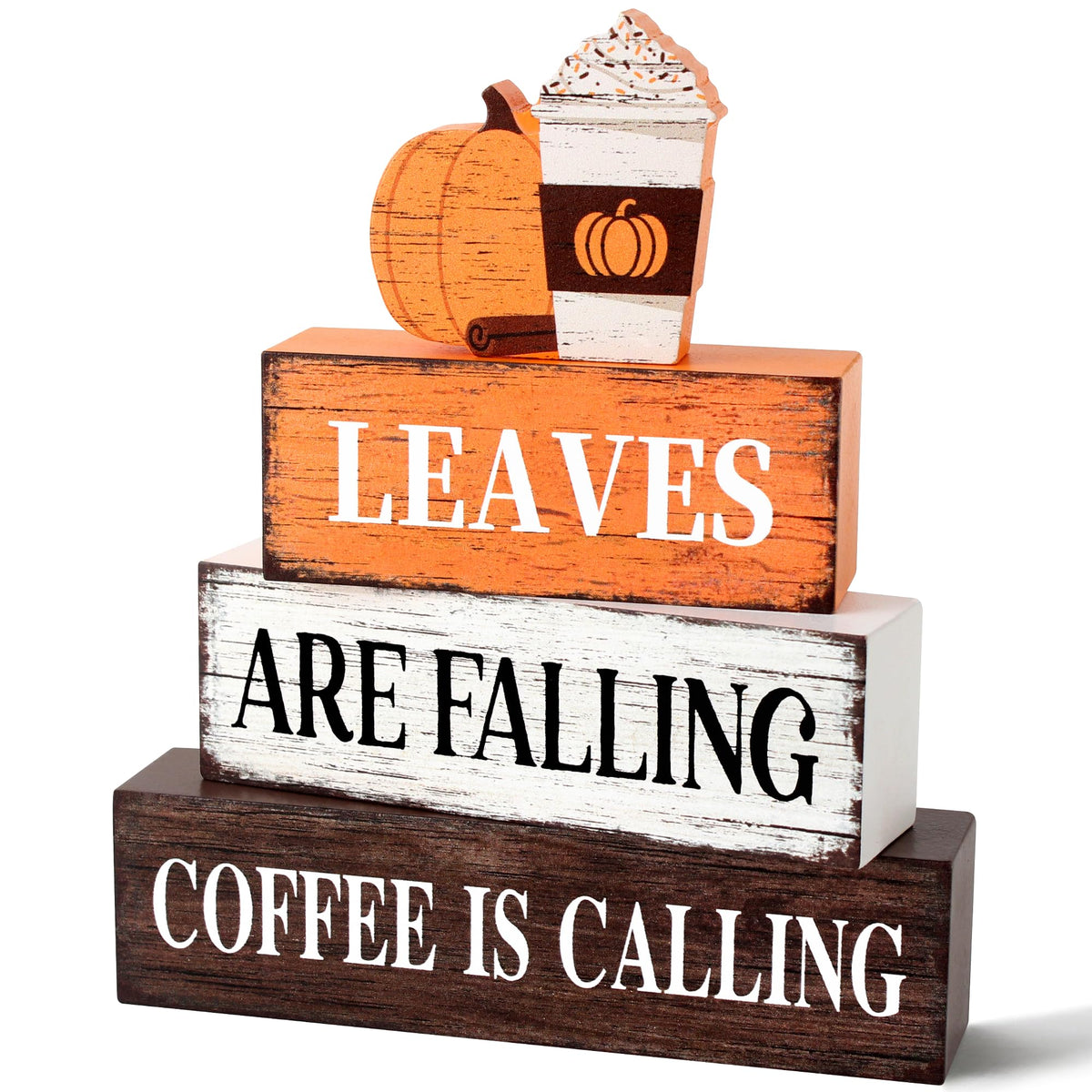 4 Pcs Fall Decor Wooden Tiered Tray Decor, Pumpkin Coffee Fall Decorations Gifts for Home, Autumn Thanksgiving Table Centerpiece for Autumn Harvest Party Kitchen