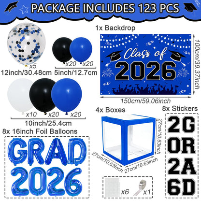 Graduation Decorations 2026, Blue Black Graduation Party Decorations 123pcs Balloon Boxes with Letters, Balloon Arch Kit and Backdrop for 2026 Grad Decor Class of Party Supplies
