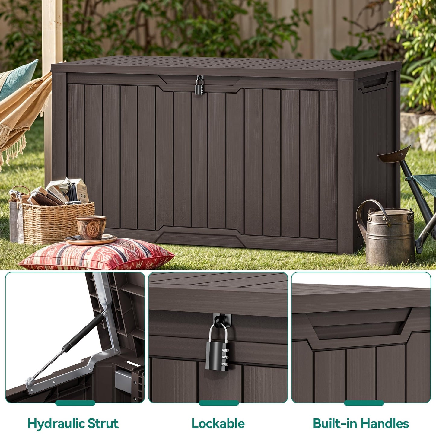 YITAHOME XXL 240 Gallon Large Outdoor Storage Deck Box for Patio Furniture, Outdoor Cushions, Garden Tools and Sports/Pools Equipment, Weather Resistant Resin, Lockable (Dark Brown)