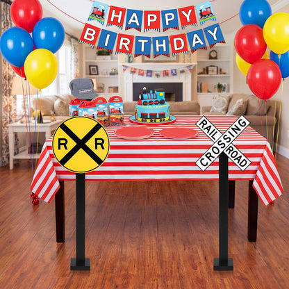 Yousoontic 2 Sets 30 Inch Tall Train Birthday Party Garden Decor Corrugated Plastic Railroad Crossing Sign with Wooden Stakes Chugga Chugga Two Two Party Decor Track Crossing Sign for Photo Booth Prop