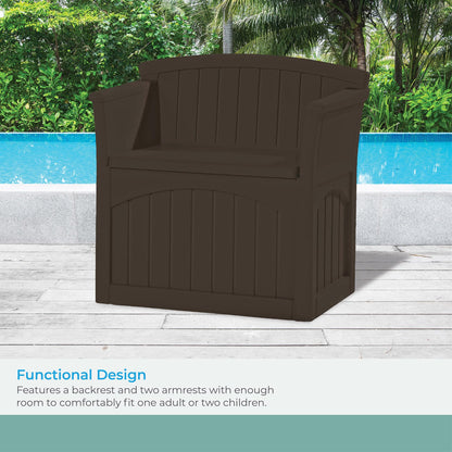 Suncast 31 Gallon Outdoor Backyard Garden Patio Seat Storage and Bench Chair with Arm Rest, Java