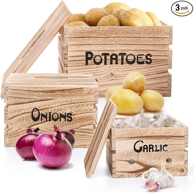 Frcctre 3 Pack Vegetable Storage Bins, Farmhouse Potato Onion Garlic Kitchen Storage Canisters Set, Wooden Stackable Vegetable Keeper with Lid and Aerating Holes for for Pantry Organization