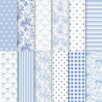Whaline 24 Sheets Bow Floral Pattern Paper Blue Flower Stripe Dot Scrapbook Spring Specialty Paper Double Sided for DIY Crafts Card Making Photo Album Decor, 6 x 6 Inch
