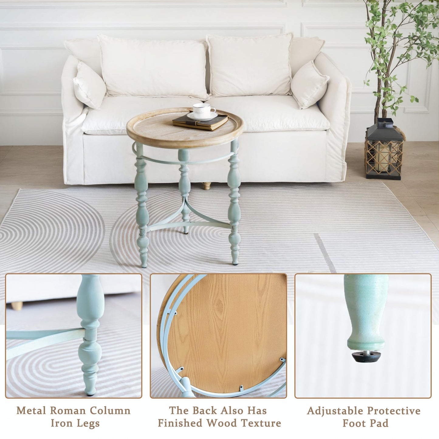 TIMBERMAVEN Rustic Farmhouse Round End Table, French Country Vintage Side Table,φ20.1'' x 23.6''H Rustic Solid Wood with Vintage Iron Legs, for Living Room, Bedroom, Small Spaces,Nature White