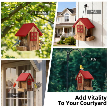 MIXXIDEA Bird Feeder for Outdoors Hanging, Wooden Bird Feeder House with Weatherproof Roof & Metal Tray, Attracting Wild Birds for Outside, Yard, Garden Decoration, Red
