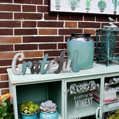 Rustic Wooden Teal Home Sign Decorative Cutout Letters Freestanding Block Word Sign Hanging Ornament Table Shelf Decor (Grateful)