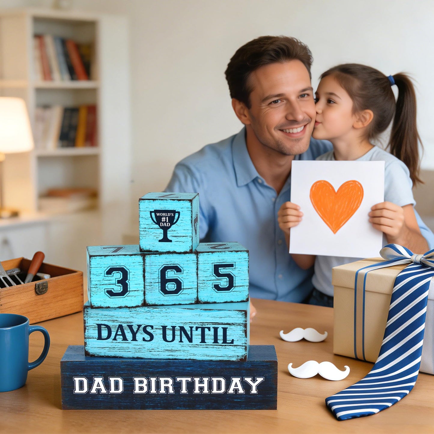 365 Days Dad Birthday Countdown Wooden Tiered Tray Decor, Father Day Decorations Gifts for Home, Daddy Papa Pop Grandpa Table Centerpiece for Office Kitchen Office