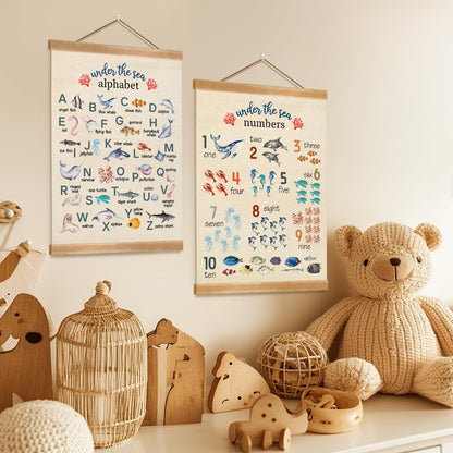 ZTGDA Alphabet Numbers Wall ArtSet of 2,ABC &123 Educational Learning Posters, Marine Fishs Wall Hanging Decor for Toddler Room Playroom,Nursery,or Classroom 12x16inch (Ocean Animal)