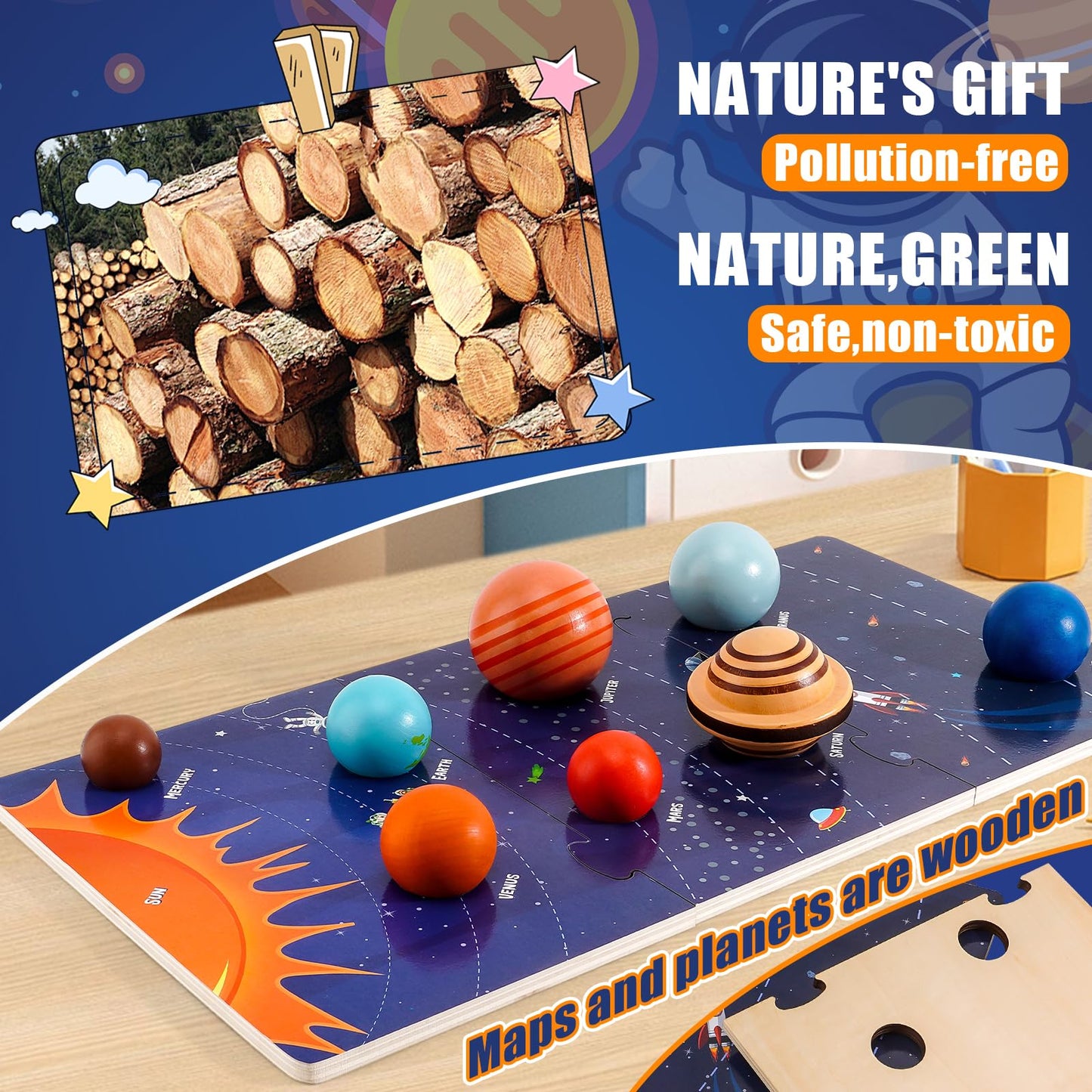 COOLDUCK 30 Pcs Wooden Solar System Model Board Toy Kit, Montessori Planet Balls Toys with Astronaut Figures, Preschool Learning Educational Puzzle, Space Knowledge Flash Cards Learning Toys for Kids