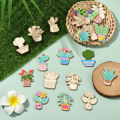 Gythara 100 pcs Mixed Styles Cactus Potted Theme Unfinished Wood Cutout Charms Tropical Desert Plant Flower Wood Slices for DIY Painting Art Craft Home Party Decor Embellishments