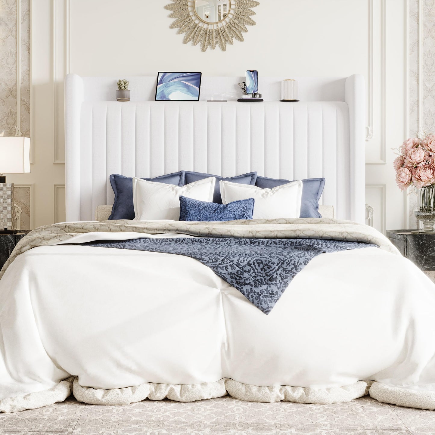 SHA CERLIN Queen Size Velvet Bed Frame with USB Charging Station, Wingback Storage Headboard, Upholstered Platform Bed with Wooden Slats Support, No Box Spring Needed, Easy Assembly, White