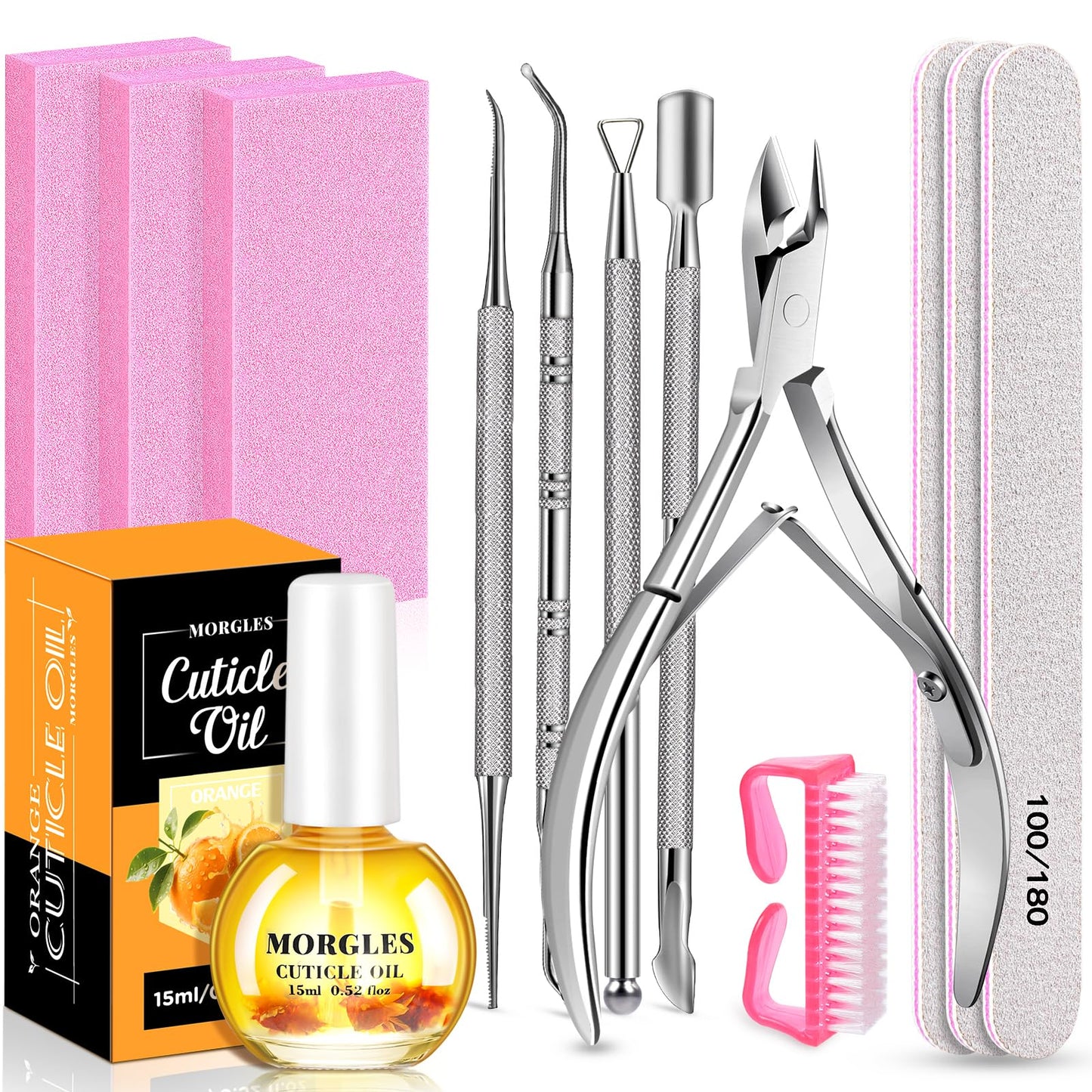 MORGLES Nail File and Buffer Blocks with Nail Care Kit, 13 Pcs Manicure Kit for Women with Milk and Honey Cuticle Oil and Cuticle Trimmer Set
