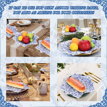 Bravopapier 150Pcs Blue Floral Bird Deli Paper, 9.8 x 8.3in Chinoiserie Floral Bird Grease Proof Food Wrap Paper Liners