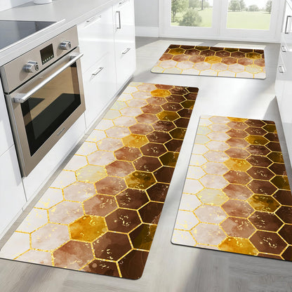 BSSN 3-Piece Kitchen Rugs and Mats Set,Cushioned No-Slip Resistant Kitchen Mats for Floor,Luxury Gold Hexagon Geometric Comfort Floor Mats,Washable Runner Rug for Kitchen Sink,Laundry,Office