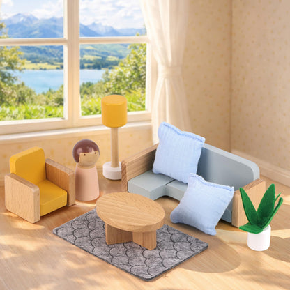 PairPear Wooden Toys Dollhouse Furniture Playset,Natural Wood Pretend Play Furnitures with Family Dolls,Dollhouse Accessories Toys Gift for Girls and Boys 3 Year and Up