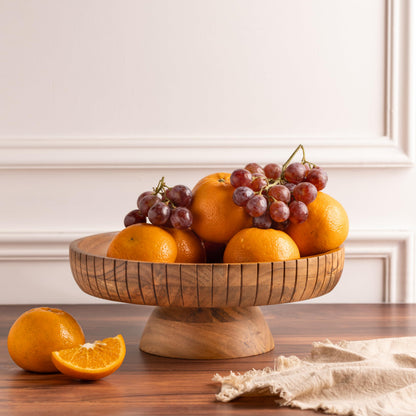 LAVAUK Acacia Wood fruit bowl with pedestal | 12" dia | Decorative bowl used as Centerpiece for kitchen counter or dining table | Wooden table decor| (Natural Finish)