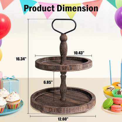 Mustry Rustic Wooden 2 Tiered Tray, Round Farmhouse Kitchen Table Decor Serving Tier Tray, Food Fruits Cupcake Display Coffee Bar Home Party Seasonal Decorations (Brown)