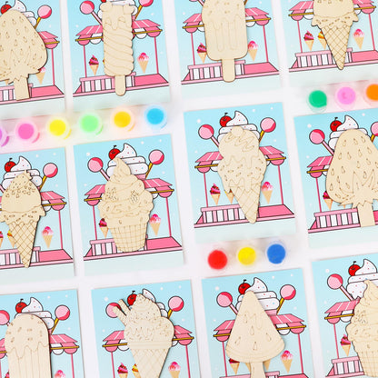 LARDUX 24pcs Ice Cream Party Favors Wood Painting Crafts - 8 Styles Ice Cream Shape Unfinished Woodchips Cutouts Craft Kits with Glow in The Dark Paint DIY Party Favors Birthday Party Decorations