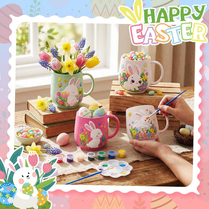 Zubebe 4 Sets Easter Paint Your Own Mugs Craft Kit, Bunny Ceramic to Paint, DIY Mugs for Adults, Festive Coffee Tea Cup for Adults with Painting Set for Easter Basket Stuffers Family Party Favors Gift