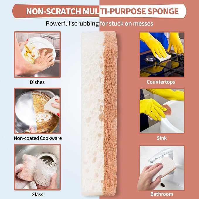 Natural Dish Sponge 12 Pack, Non-Scratch Scrub Kitchen Sponge, Eco Multipurpose, Odor-Less Dual-Sided for Dish Washing & Household Cleaning
