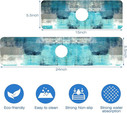 Kitchen Sink Splash Guard Faucet Mat Abstract Teal and Grey Geometric Absorbent