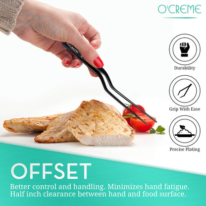 O'Creme 8 Inch Black Stainless Steel Precision Kitchen Culinary Offset Tweezer Tongs