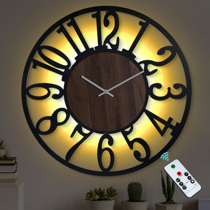 LEIKE Large Wall Clock 32'' Lighted Rustic Wood Clock with Remote Timer, Silent Battery Operated Modern Oversized Wall Clock for Living Room, Bedroom, Farmhouse, Home Decor, Large Number Display