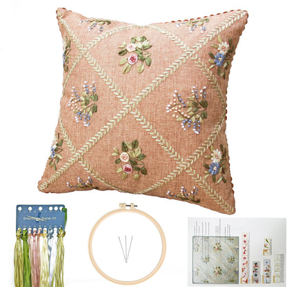 FONNUY Crewel Ribbon Embroidery Kit, Floral Pillow Covers, DIY Pillowcase Kits for Audlt Beginners, 18 x 18'' (Brown)