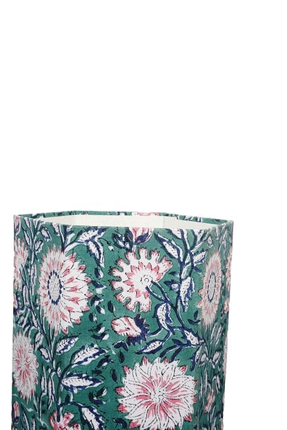 3.3 Gallon Cotton Hand Block Printed Paper Waste Basket |Small Decorative Trash Can for Housewarming Gifts in Living Room, Bedroom, Bathroom | Eco-Friendly, Plastic-Free (1, Green Pink FLOWAR)