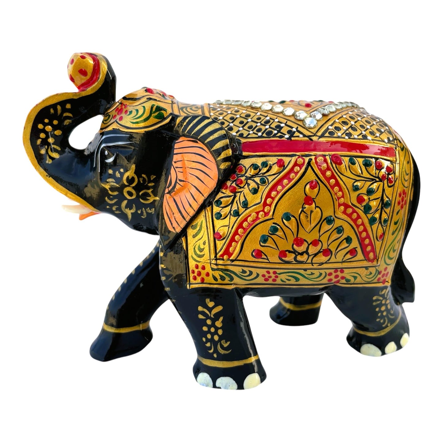 Handcrafted Wooden Elephant Figurine – Traditional Artwork, Gold & Gemstone Embellishments – Lucky Decorative Elephant Statue for Prosperity | Beautiful Elefantes Decorativos para Sala (Black & Gold)