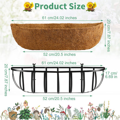 Tessco for you 3 Pieces Railing Planter Boxes, 24 Inches Window Box Planters with Coco Liner and Adjustable Brackets for Deck Porch Fence Patio Balcony Gardening Outdoor Plants