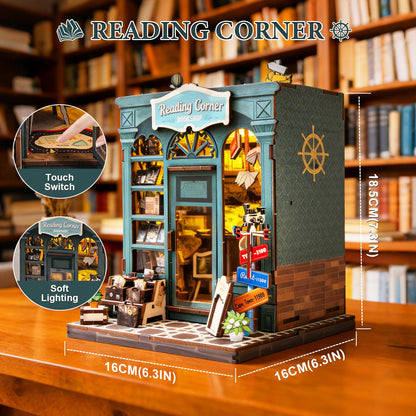 DIY Miniature Dollhouse Book Nook Kit – Reading Corner Bookshop Bookshelf Insert with LED Lights, Tiny House Model for Adults & Teens, Booknook Library Home Decor & Gift Idea for Family and Friends