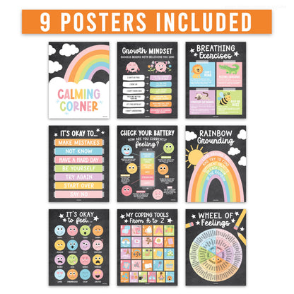 Hadley Designs 9 Calming Corner Posters for Classroom Must Haves - Calm Down Corner Supplies with Emotions Chart, School Counselor Mental Health Poster, Feelings Chart For Kids, Pastel Classroom Decor