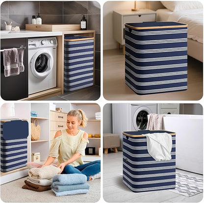 BALEINE Laundry Hamper with Lid, Tall Laundry Baskets with Bamboo Pull Handles