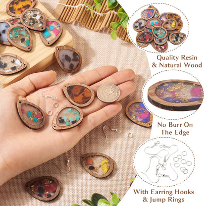 Boutigem 56Pcs Wood Dangle Earring Charm Kit with Teardrop Resin Wood Pendants Earring Hooks Jump Rings for DIY Women Jewelry Making Necklace Keychain Decor