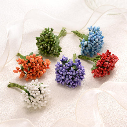 M METERXITY 144-Pack Artificial Flower Stamen Kit, Mini Frosted Holly Berry Stems for Wedding Decor, Flower Stamens for Craft DIY Wreaths/Birthday/Flower Arrangements Decorations [Gold]
