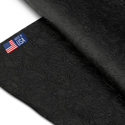 Tooled Faux Leather Western Cowboy, Floral Embossed Vinyl, Craft DIY and Upholstery Textured PU Pleather Fabric - Individual 1 Yard Cut 36"x54" (Black)