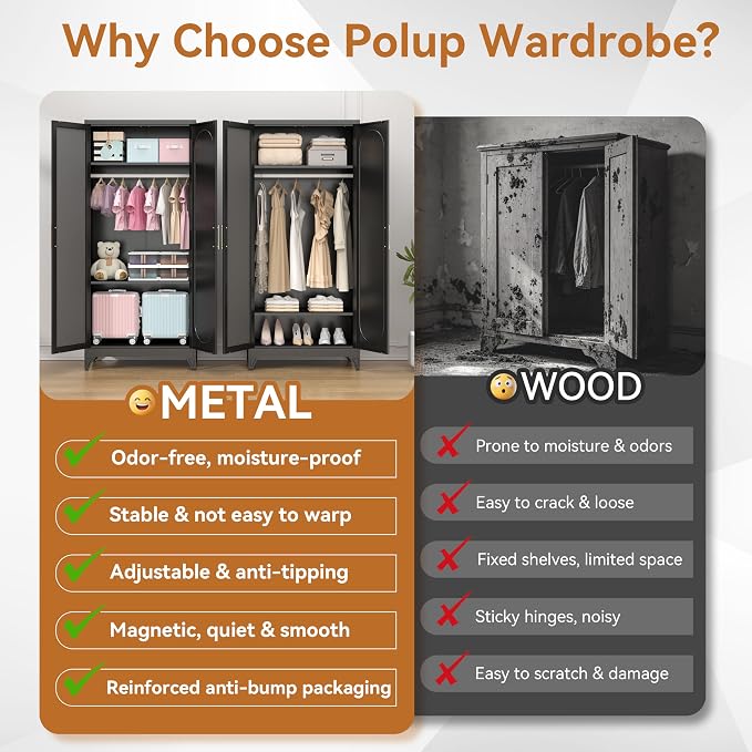 Polup Metal Armoire Wardrobe Closet with Mirror, 71" Tall Steel Clothing Storage Cabinet with Doors, Hanging Rod and Adjustable Shelves, Freestanding Clothes Organizer for Bedroom, Office, Black