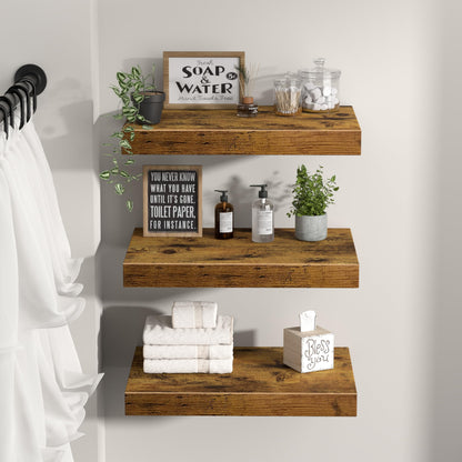 QEEIG 10" Deep Floating Shelves for Wall - 10 x 16 inch Book Shelf Bathroom Bedroom Kitchen Living Room Hanging Bookshelf Farmhouse Set of 3, Rustic Brown (025-40BN3)