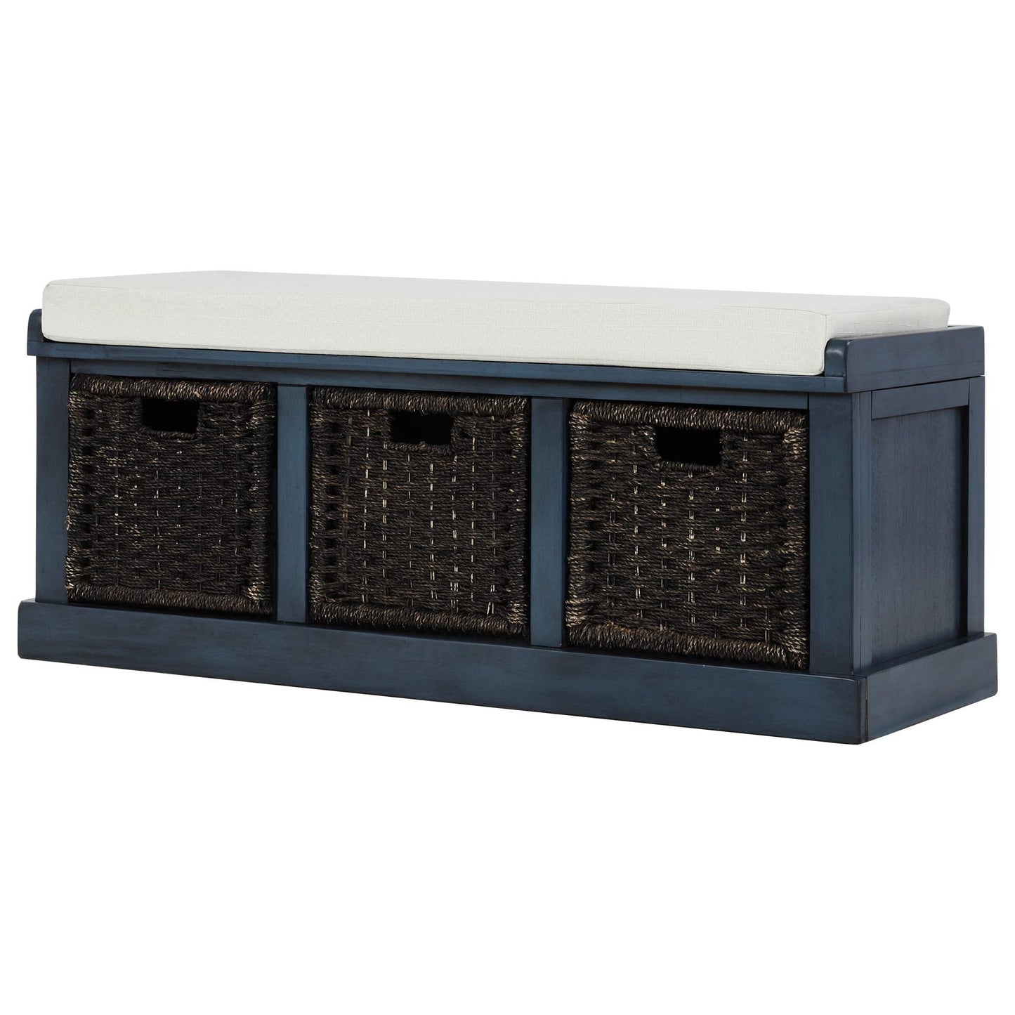 Ball & Cast 43.7" Wood Frame Entryway Storage Bench w/ 3 Movable Rattan Panel Drawers&Cushion, Rustic Shoe Rack Bedroom End of Bed Bench with Upholstered Seat, No Assembled Needed, Antique Navy