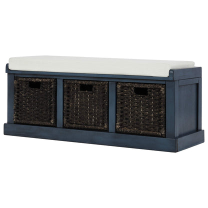 Ball & Cast 43.7" Wood Frame Entryway Storage Bench w/ 3 Movable Rattan Panel Drawers&Cushion, Rustic Shoe Rack Bedroom End of Bed Bench with Upholstered Seat, No Assembled Needed, Antique Navy