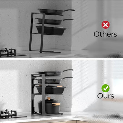 MUDEELA Pots and Pans Organizer under Cabinet 15.75" Tall, 4-Tier Heavy Duty Pan Organizers inside Cabinet Kitchen Storage, Adjustable Pot Rack Holds up to 44 LB Cast Iron Skillets Shallow Cookware