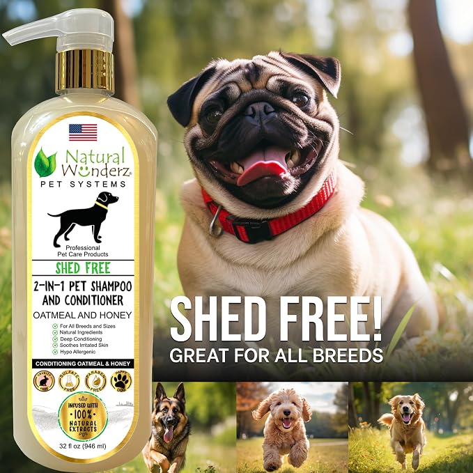 Pet Shampoo & Conditioner, Shed Free 2-in-1, Oatmeal and Honey, Organic, Hypoallergenic, Vegan, Natural Extract, for Healthy Skin & Coat, 32 Fl Oz, for Dry Itchy Skin, All Breeds, by Natural Wunderz