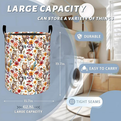 Charming Owl with Mushroom and Floral Laundry Basket with Handles, 19.7"x15.7"