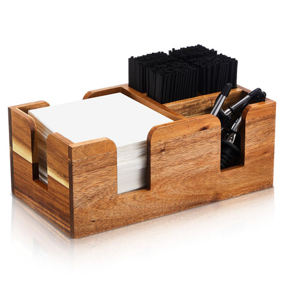 Mifoci Wooden Bar Caddy with 6 Compartments, Acacia Wood Bar Caddy Napkin & Straw Holder Organizer Cocktail Napkin Holder Condiments for Home Office Kitchen Countertop (Brown)