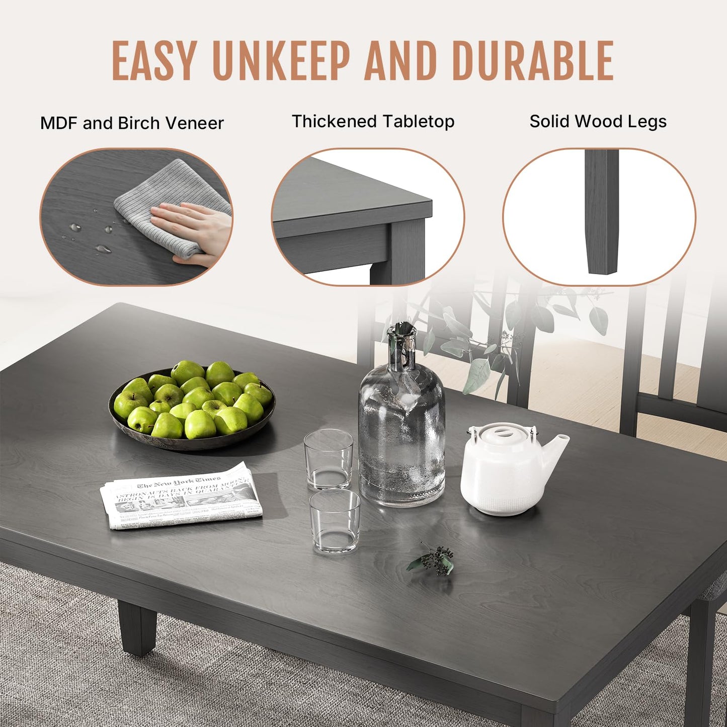 Zevemomo 6-Piece Wooden Dining Table Set, Dining Table Set for 6, Including 1 Dining Table, 4 Upholstered Chairs and 1 Bench, Wooden Legs Dining Table, Table Set for Dining Room & Kitchen, Grey