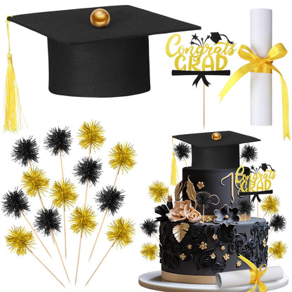 Ctosree 16 Pcs Graduation Cake Kit Graduation Cake Topper Included Felt Graduate Cap with Tassel Firework Cupcake Toppers Grads Cupcake Topper Diploma Decor for Wedding Graduate Party(Black Gold)