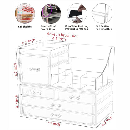 Cq acrylic 2 Pack Clear Make up Organizer Countertop,Stackable 5 Drawers Makeup Storage,Cute Vanity Organizers for dresser Hair Clip,Jewelry,Beauty Product Desk and Bathroom Organizers and Storage