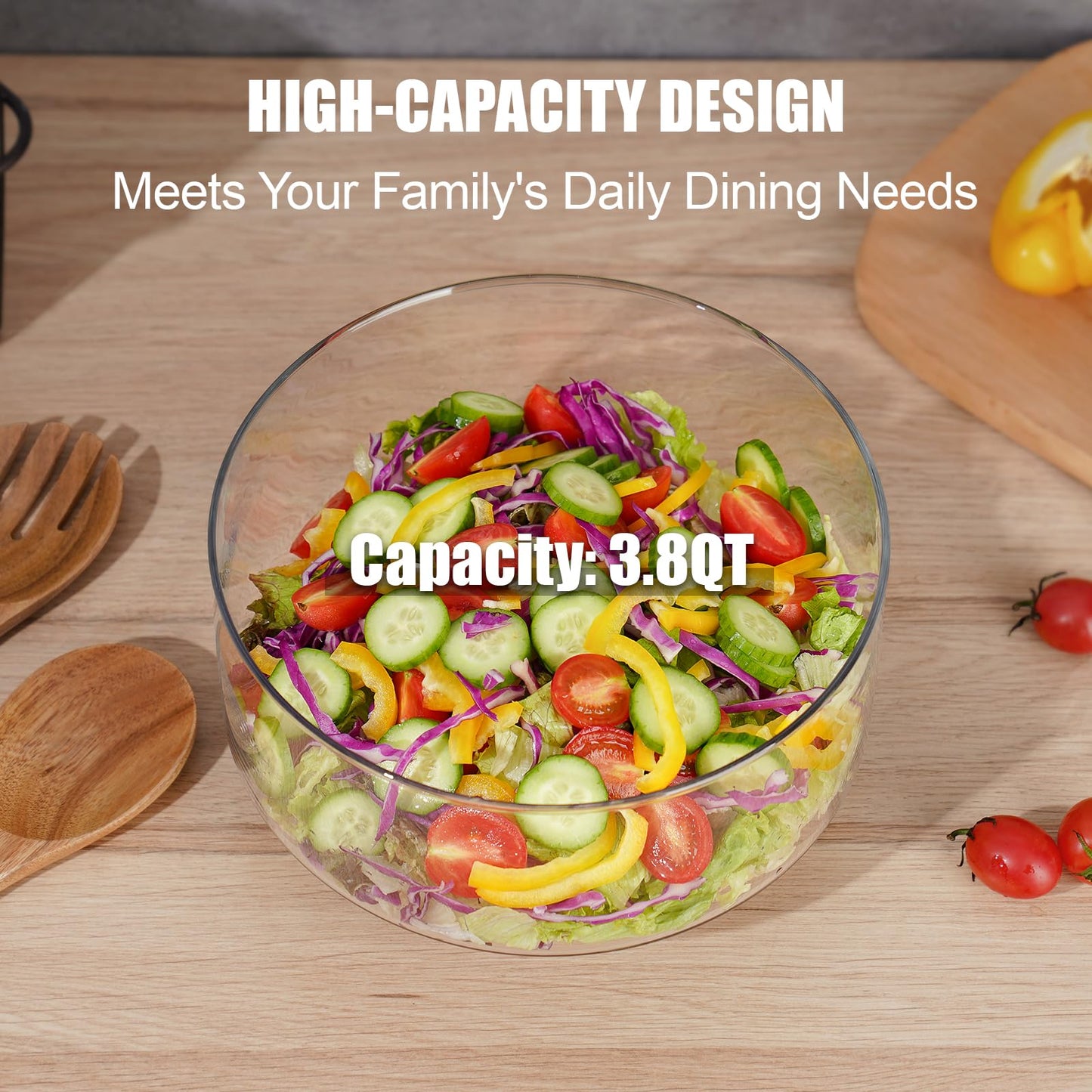 NiHome Glass Salad Bowl with Acacia Wood Salad Tongs, Large Capacity Design with Enhanced Stability, Versatile Serving Dish for Salads, Fruits, Ideal for Gatherings & Daily Family Dining