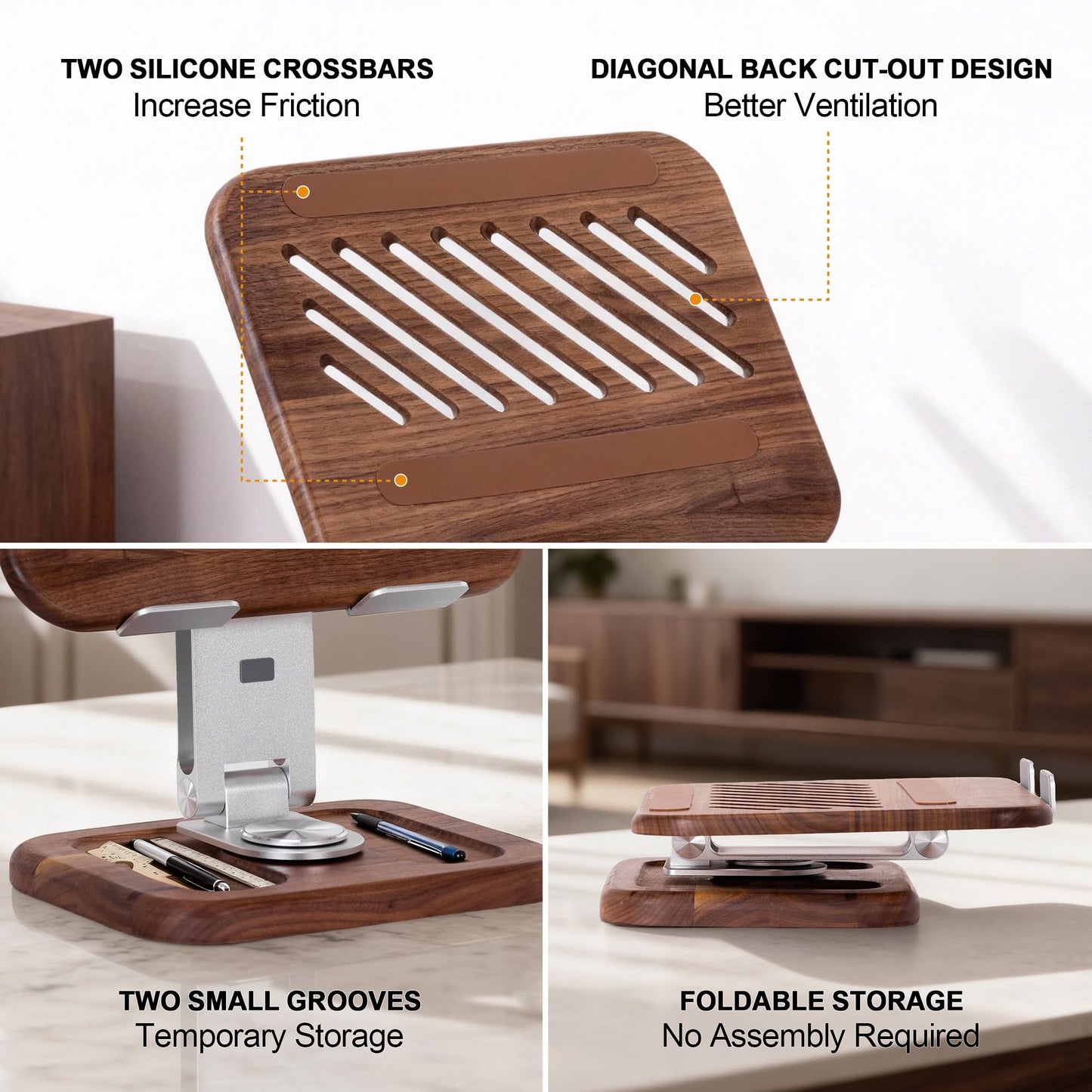 TlaroRiz Walnut-Wooden Laptop Stand for Desk, Adjustable Height & Angle with 360° Aluminum Alloy Swivel Base, Wood Laptop Stand Compatible with MacBook Pro, All Laptops 10-17", Brown